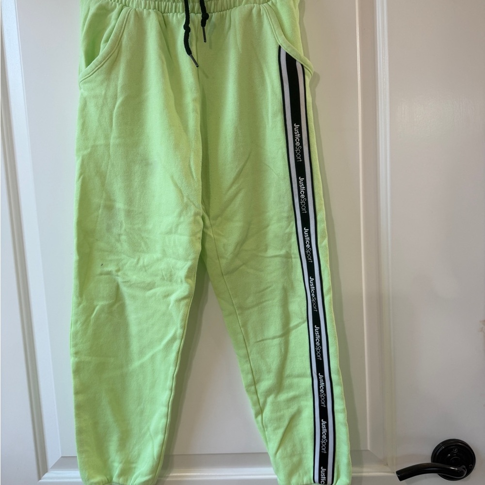 Justice Neon Green Joggers with Black & White Side Stripe